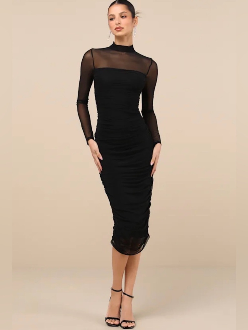 Lulu's Impressive Flirt Black Sheer-Ruched Long Sleeve Midi Dress - NWOT